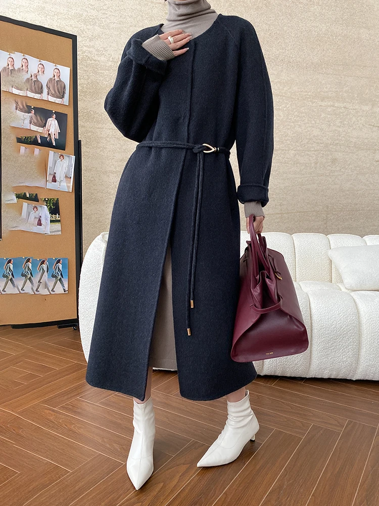 FANAN Scarf Collar Wool Coats For Women Belt Gathered Waist Long Sleeve Office Lady Warm Outwear 2025 Spring Autumn New Female