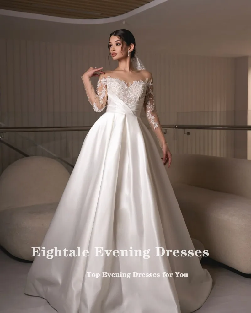 Eightale Nuovo Abito da Sposa O-Collo Personalizzato Bianco Avorio A-Line Appliques Pizzo Manica Lunga Abito da Sposa in Raso Robe De Mariée