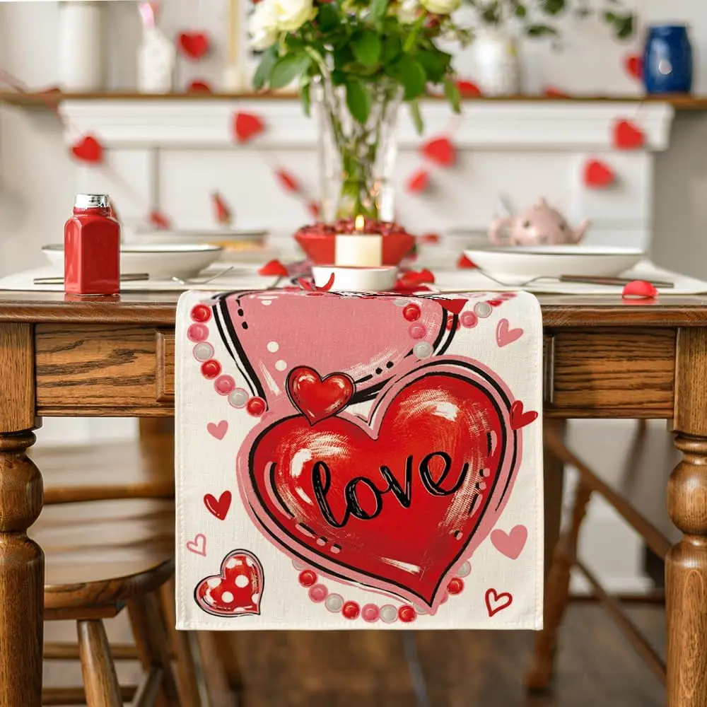 Valentine's Day Red Love Heart Linen Table Runner Party Decor Anniversary Kitchen Dining Table Runner Wedding Decorations