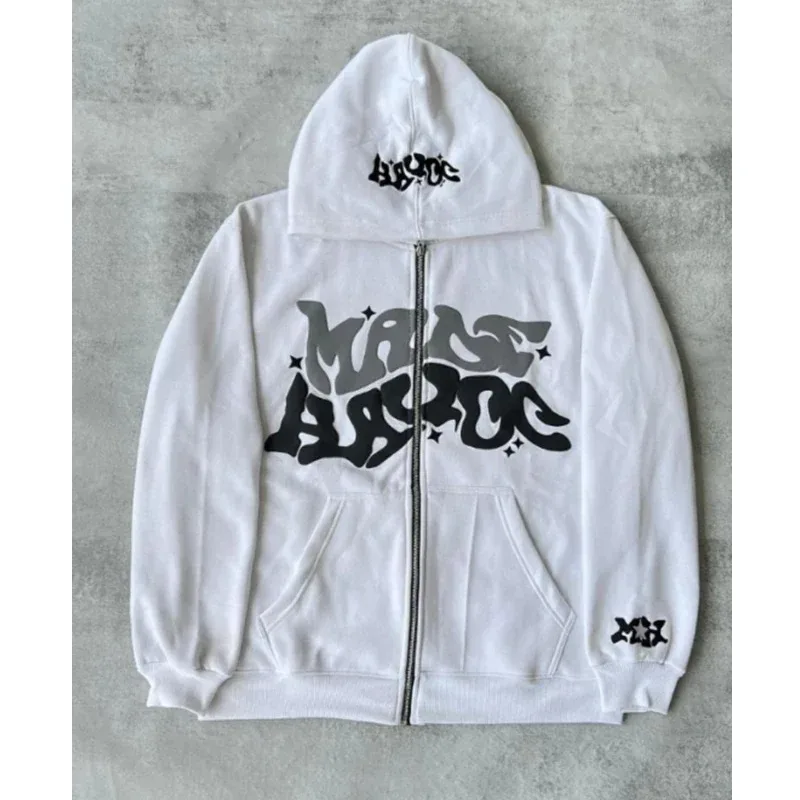 Hoodie Ritsleting Cetak Bintang dan Huruf Retro Amerika Jaket Kardigan Merek Fashion Malas Bagian Musim Semi Musim Gugur Y2K Wanita dan Pria