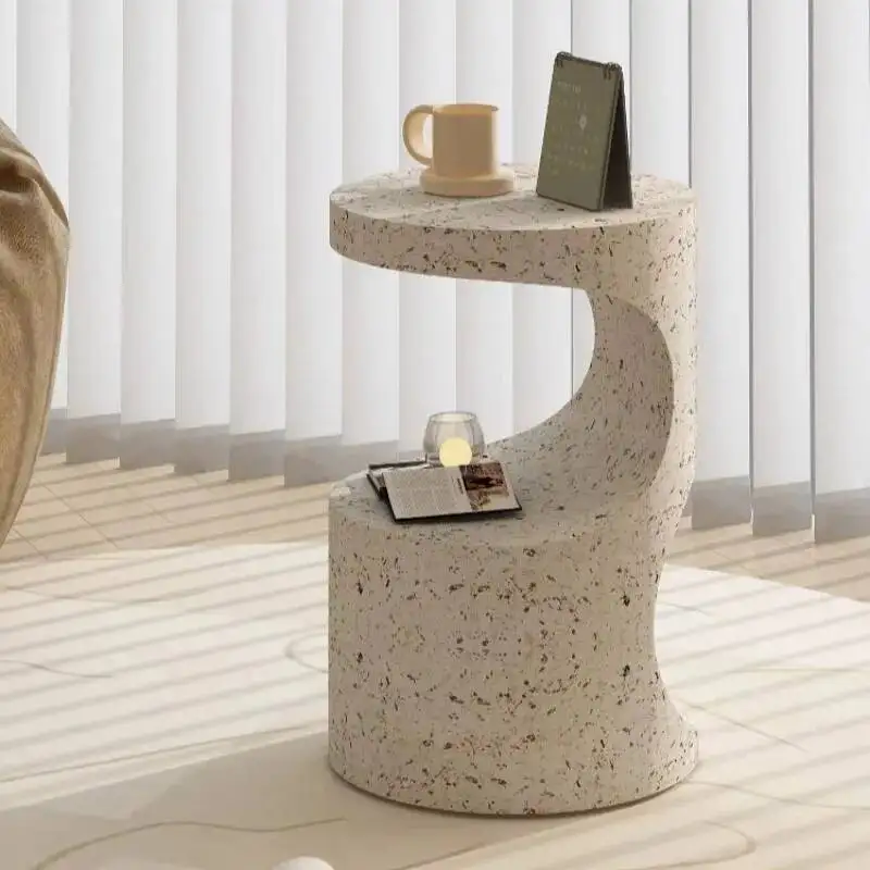 Terrazzo Artistic Side Table, Modern Curved End Table with Storage, Minimalist Living Room Accent Furniture for Home Decor