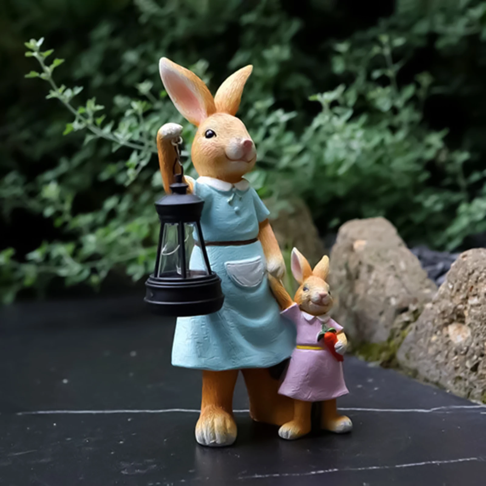 Bunny Lamp with Lantern Resin Weatherproof Easter Decor Cute Solar Lights Outdoor Waterproof for Yard Lawn Patio Porch Pathway