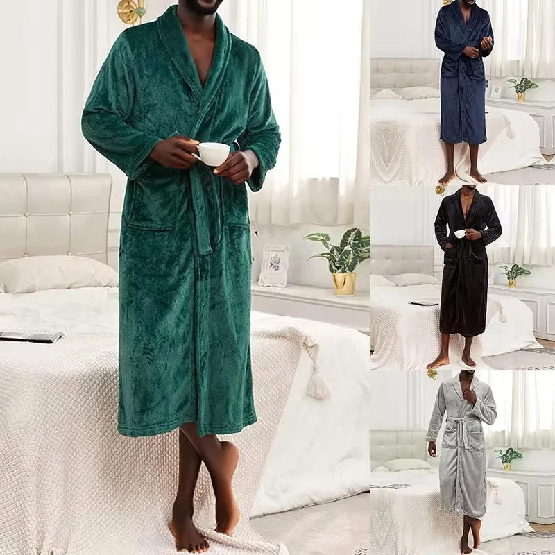 Autumn And Winter New Solid Color Flannel Extended Bathrobe Pajamas Lapel Nightgown