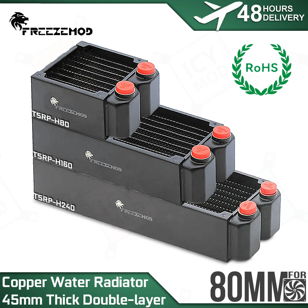 

Бесплатная доставка: Латунный радиатор FREEZEMOD 80 мм, толщина 45 мм, для систем водяного охлаждения, подходит для вентиляторов 8 см, двухслойные ребра, TSRP-H80
