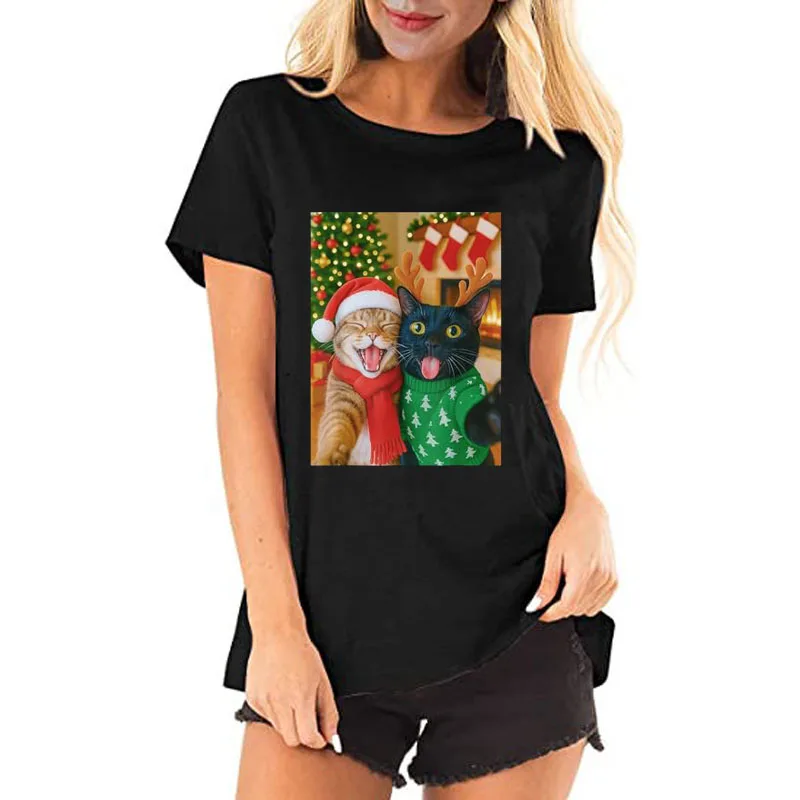مضحك ميمي القط التقاط صورة شخصية عيد الميلاد عيد الميلاد أضواء عطلة تي شيرت Y2k عيد ميلاد سعيد القط أمي أبي الأزواج الجرافيك تيز الزي