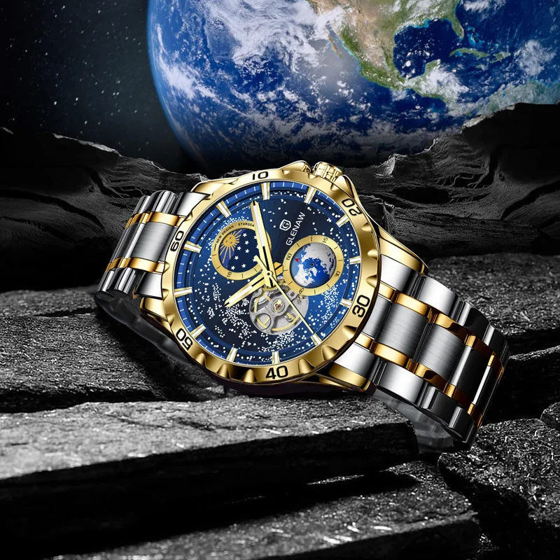 GLENAW New Men\'s Automatic Watches Skeleton Starry Sky Moon Phase Luminous Waterproof Stainless Steel Mechanical Watch for Men