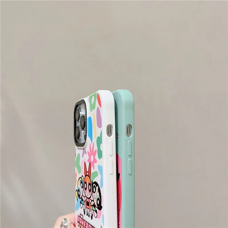 Capa de telefone de alívio 3D dos desenhos animados P-Powerpuff Girls para iPhone, capa de pano de veludo líquido bonito, 15, 14, 13, 12, 11 Pro Max, Plus, X, XS, XR