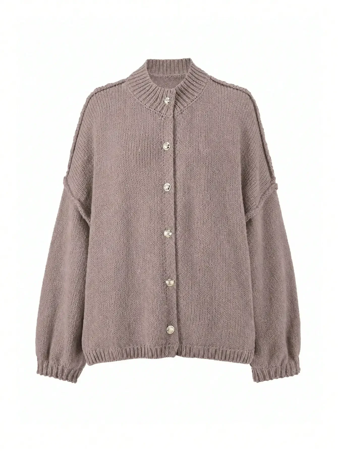 Ladies Baggy Button Down Cardigan Quiet Luxury Old Money Aesthetic Long Sleeve Chunky Knit Coat Solid Mushroom Brown Neutral Tones Vintage Metallic Buttons Outward Seam Detail Fallen Shoulder Relaxed Shape For Autumn Weekend Getaway Thanksgiving Gift