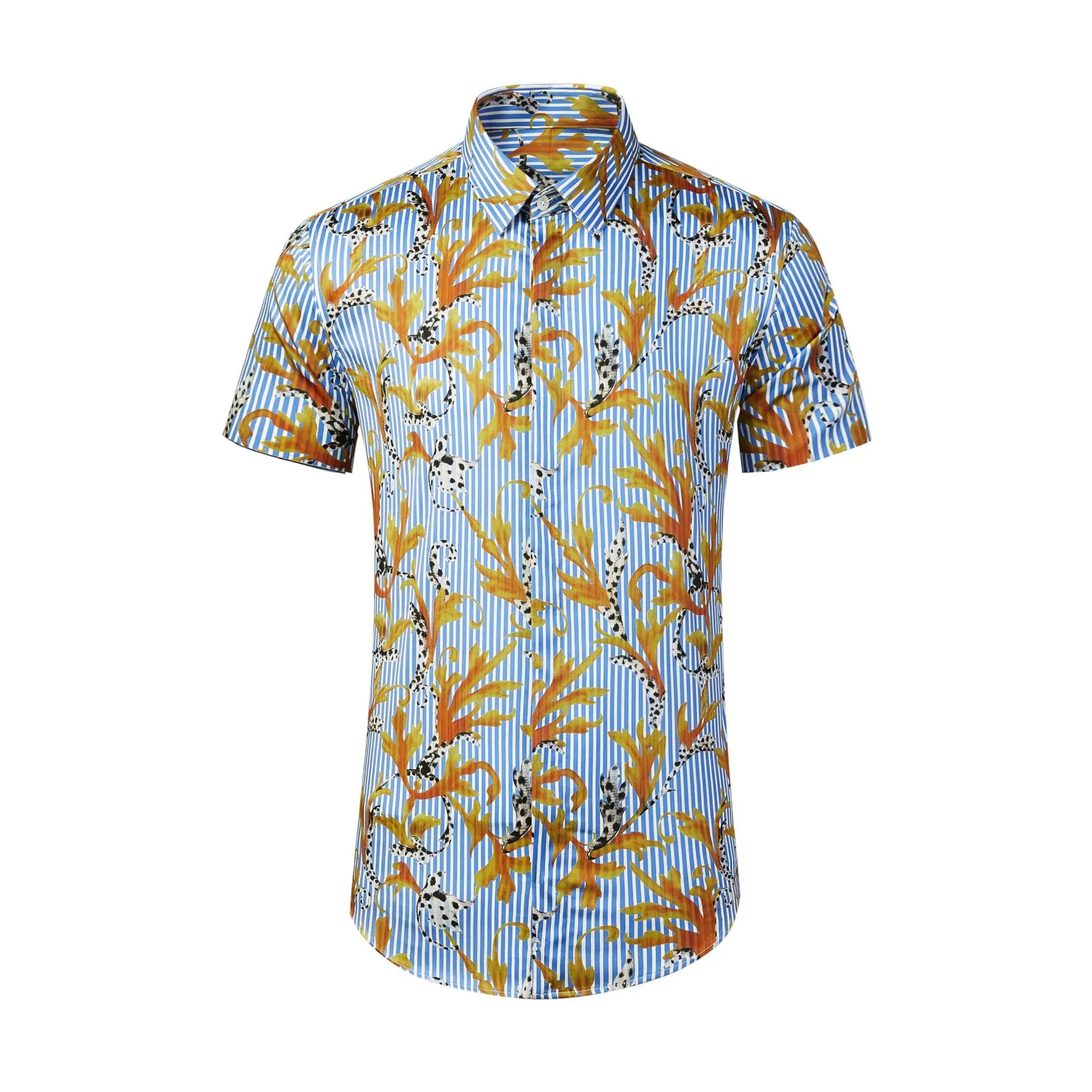 New Short Sleeve Royal Stripe Printed Elastic Cotton Comfortable Men's Shirt Casual Pattern Men's Wear