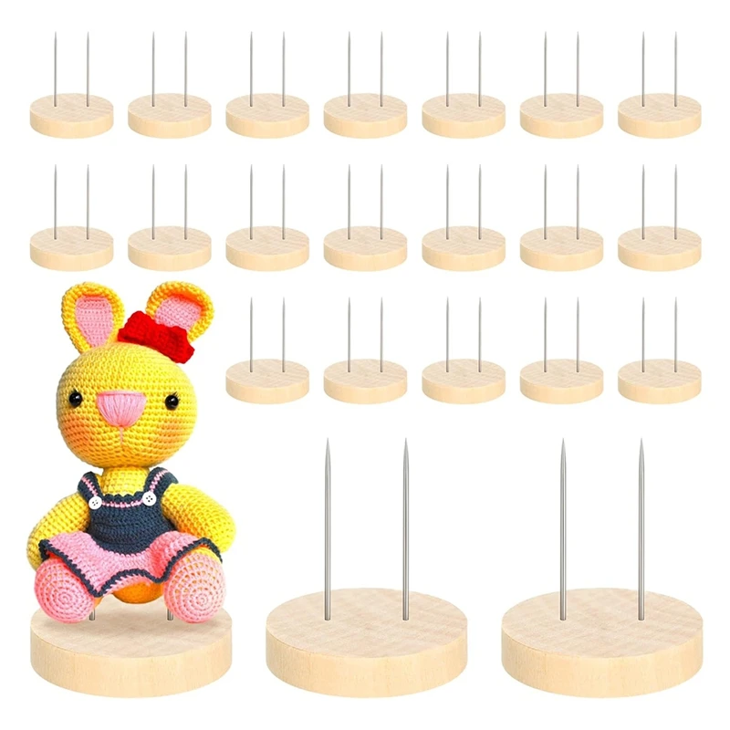 24Pcs Crochet Doll Stand Double Steel Needle Doll Stand Felt Animal Doll Toy Wooden Base Support Action Figure Stand