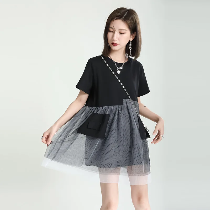 

2024 new lace stitching mesh yarn short sleeve dress summer female fake two A-line dress