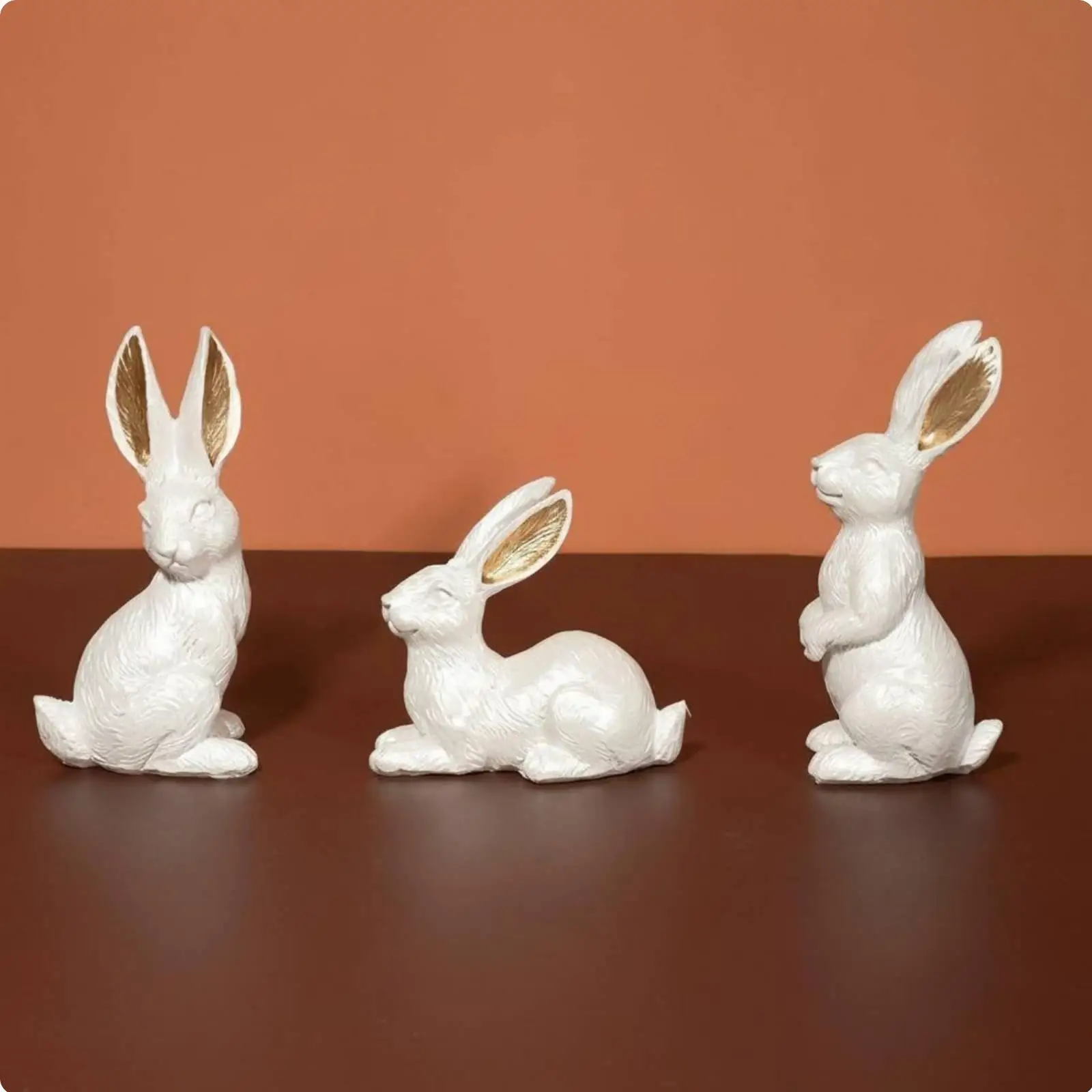 Charming Resin Bunny Figurine for Windowsill Decor Rabbit Statue White Gold Accent Home Figurine Miniature