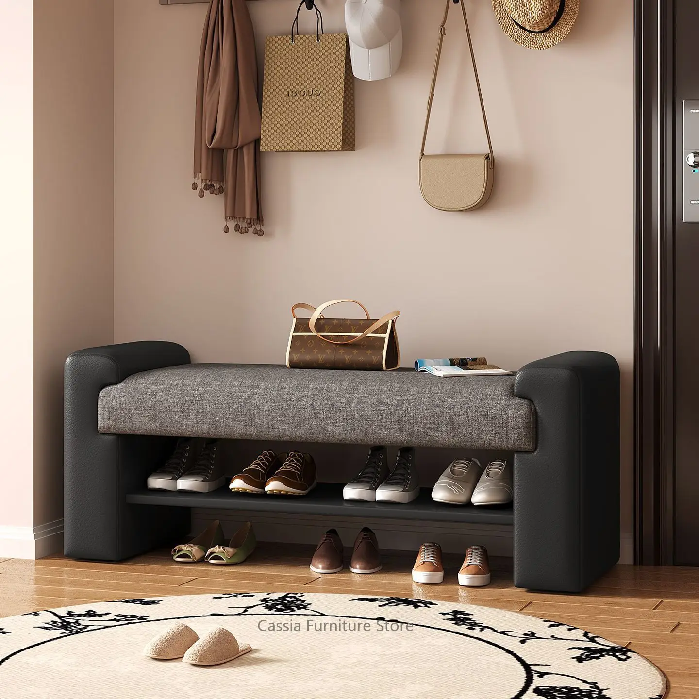 Integrated Entryway Bench with Shoe Storage, Long Sitting Seat for Home Doorway, Space-Saving Shoe Changing Bench with Shelf