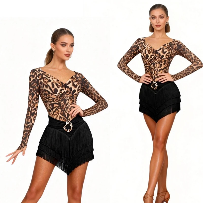 

Костюмы для латинских танцев для взрослых, топ с длинными рукавами и леопардовым принтом, юбки с бахромой, женская одежда для латинских танцев чача, сценические костюмы SL14935