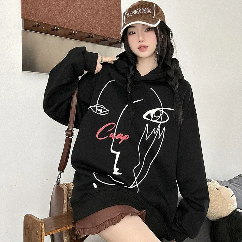 Europeand the United States women's simple loose fashion new cartoon animation printing loose leisure hooded sweater sports tops