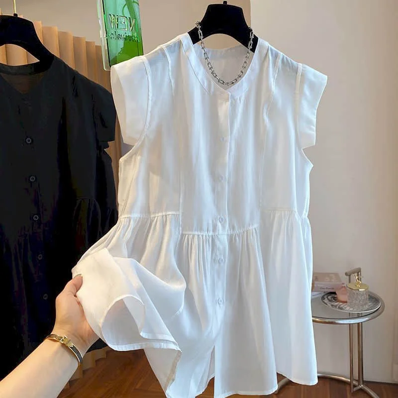 Женская винтажная однотонная рубашка без рукавов, свободная повседневная однобортная офисная блузка-трапеция с круглым вырезом в корейском стиле, топы для женщин