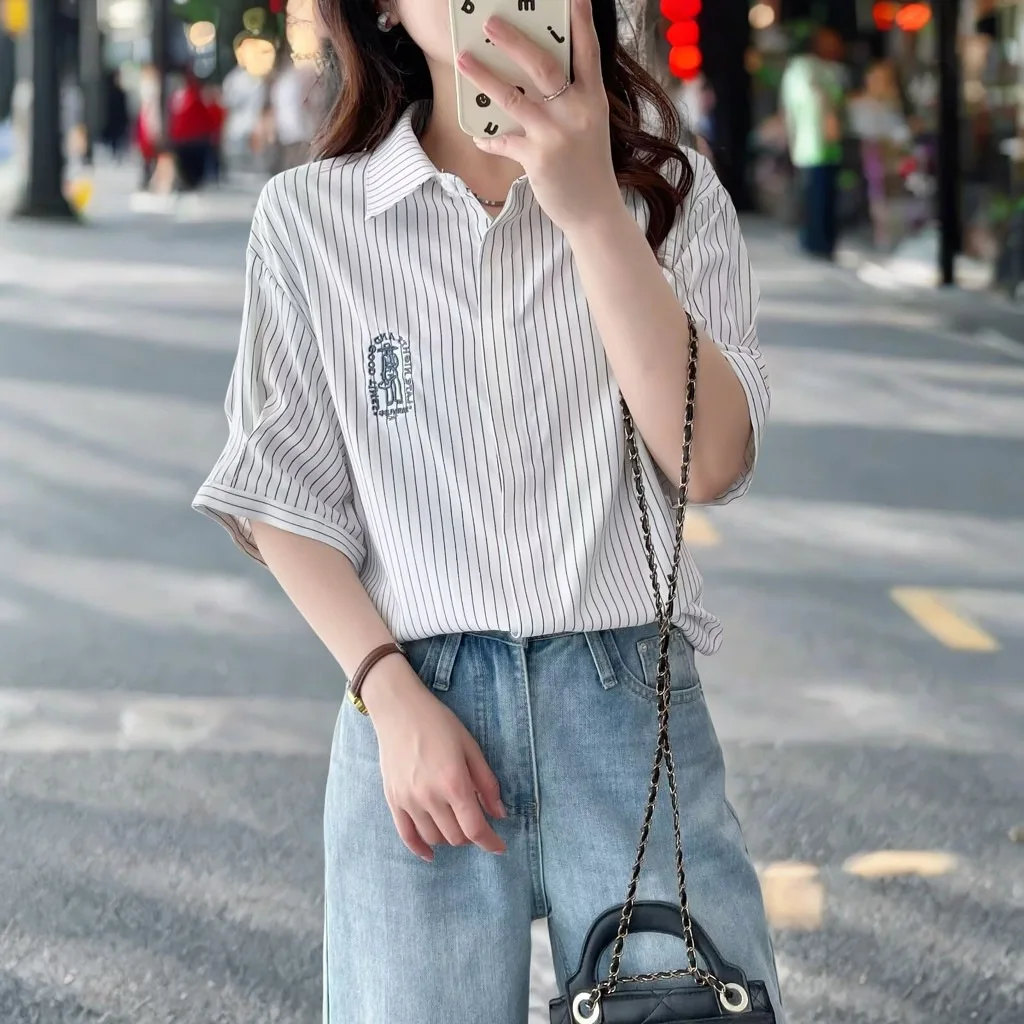 100kg Summer Plus Size Blouses New Casual And Elegant Embroidered Striped Short Sleeved Women's Shirt 2513