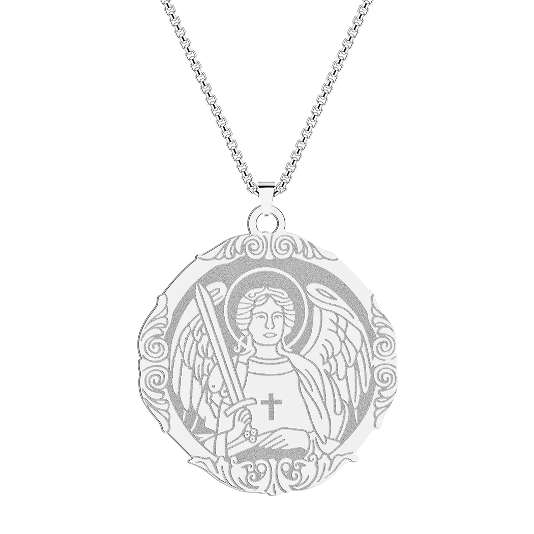 QIMING Saint Michael Medallion Necklace For Women Men Corss Sword Archangel Wings Stainless Steel Jewelry Necklaces Pendants