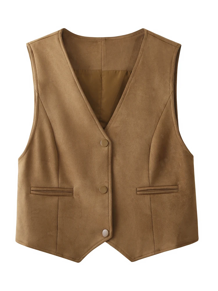 

Retro Suede Vest Women's Spring Autumn Slimming Versatile Layered V-ne Jaet ort Sle Single Button Pure Color