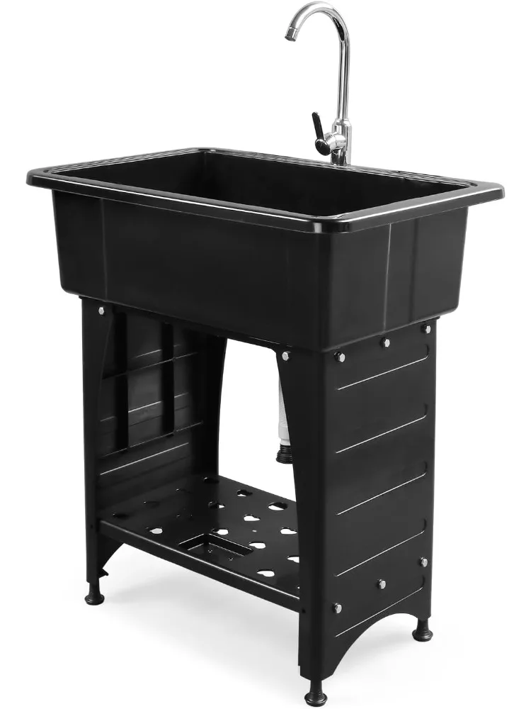 

Spacious Black Utility Sink Laundry Tub for Laundry Room, Garage Washing Station, Slop Sink, Freestanding Sink with Stain
