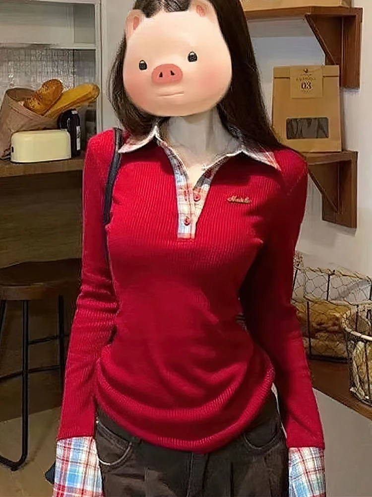 Preppy بولو الرقبة متماسكة منقوشة طويلة الأكمام تي شيرت المرأة كاذبة 2 قطعة الأساسية الأعلى الخامس الرقبة زر البلوزات تيز 2025 جديد