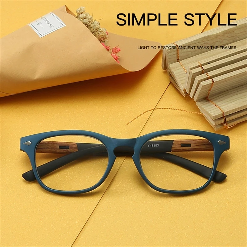 Retro Holzmaserung Lesebrille Männer Frauen Unzerbrechlich Quadrat Vollrand Hochwertige Vergrößerungs Presbyopie Brille Blau + 150 250 – Detail 1