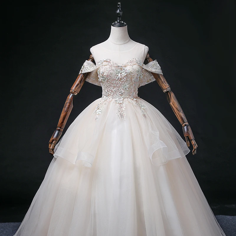 Anxin sh princesa champanhe flor renda barco pescoço beading cristal brilhante babados festa vestido de baile vestido de noite personalizado