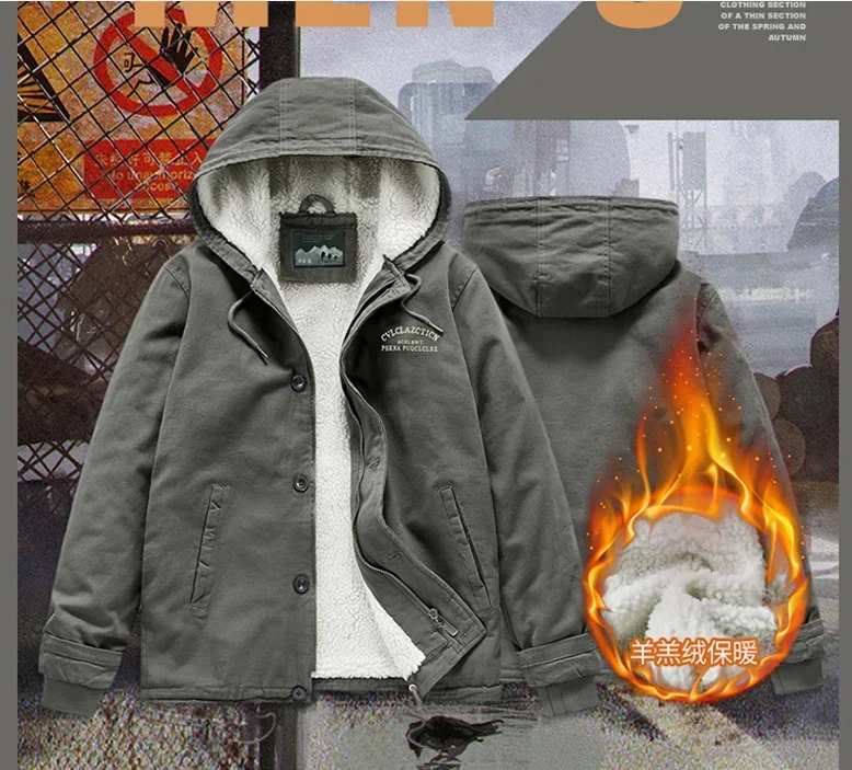 

Outdoor Cotton Jacket Loose Plus Size Cotton Jacket Casual Jacket Hooded Plush Warm Parkas Men's Parkas Jacket Lambskin Jacket