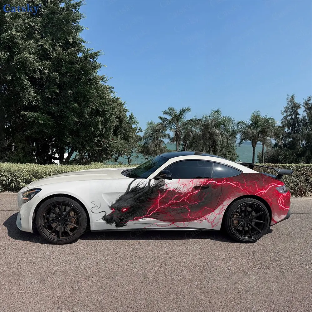 2pcs Dragon Peach Red Lightning Car Side Wraps, Self-Adhesive PVC Waterproof & Scratch-Resistant Stickers, Car Accessory Gift