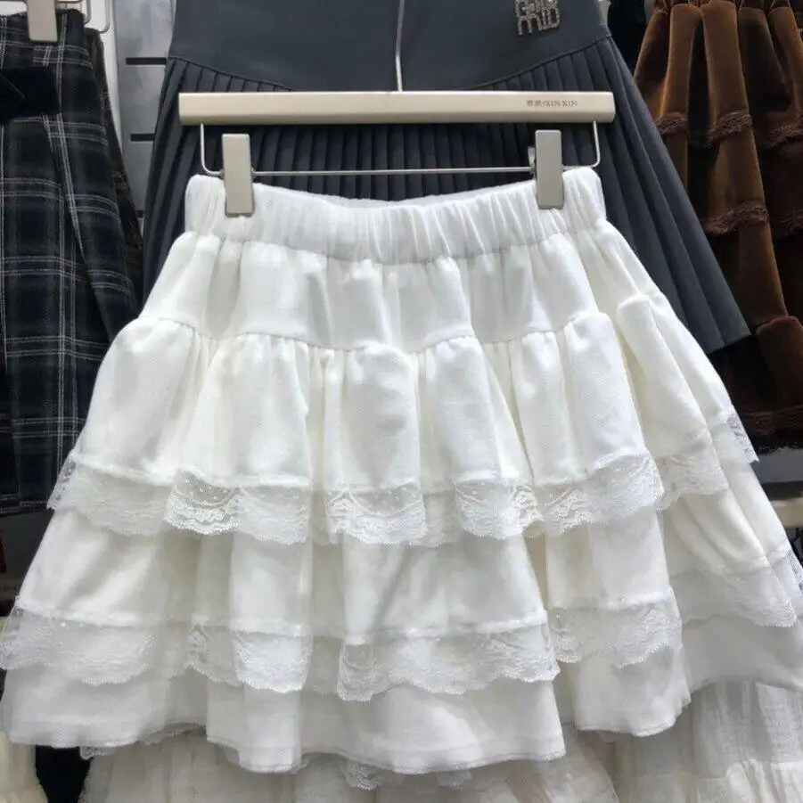 Ballet Style High Waist Puffy Skirt Sweet Subculture Spicy Girl Milk Apricot Color Lace Short Skirt Spring Autumn Women's Fas...