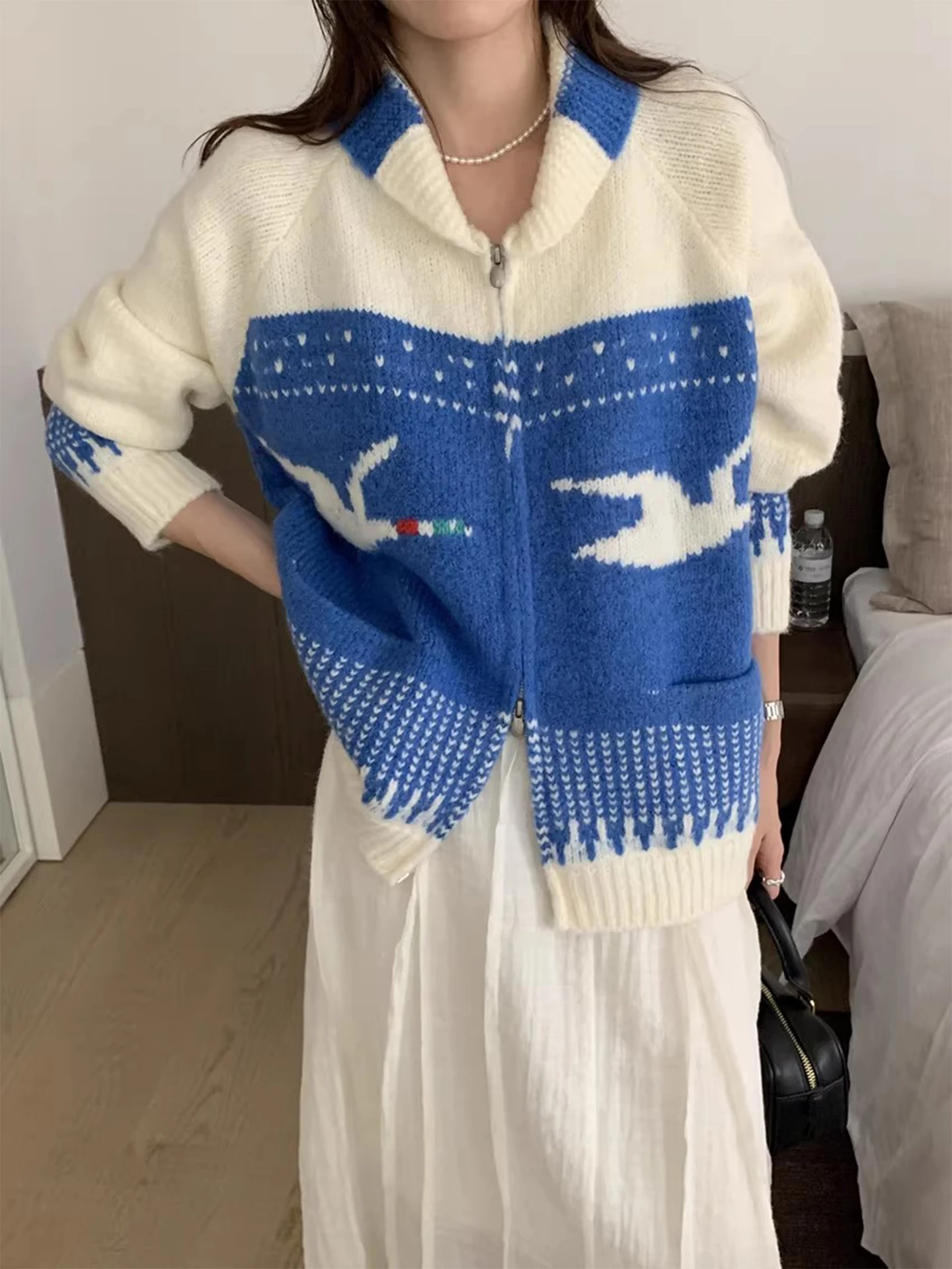Ele Swan 刺繍ニットセーターコート レディース ダブルジッパー オープンカーディガン 冬新作 スレ 快適 ルーズフィット ロングスリーブ...