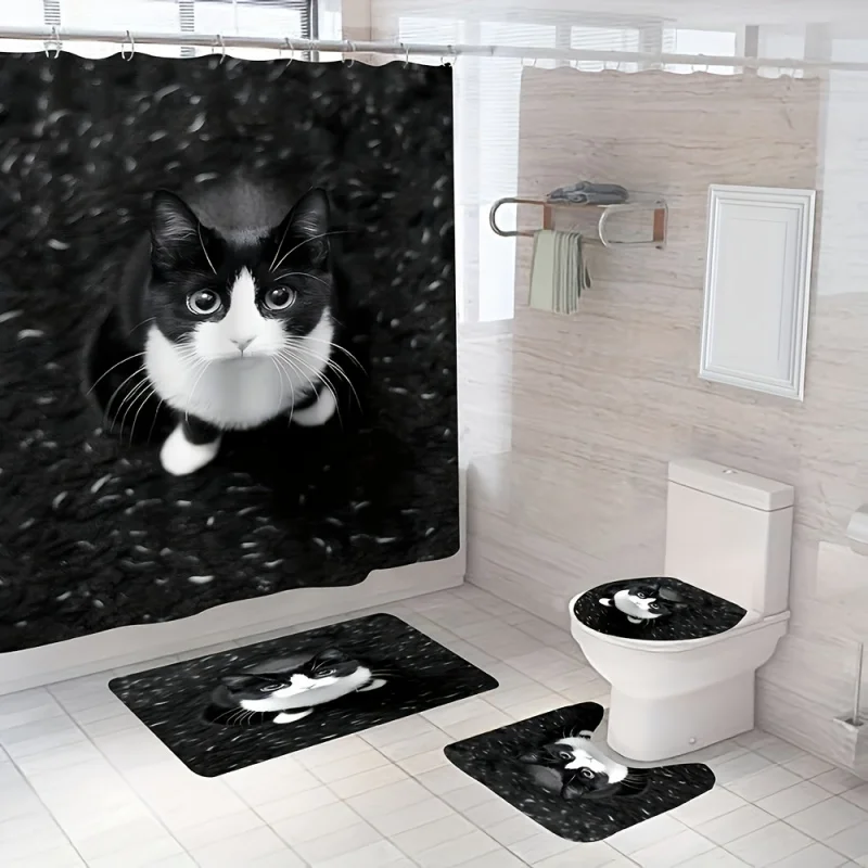 4PCs cute black cat pattern set, waterproof shower curtain with 12 hooks, non-slip carpet, toilet U-shape mat, to