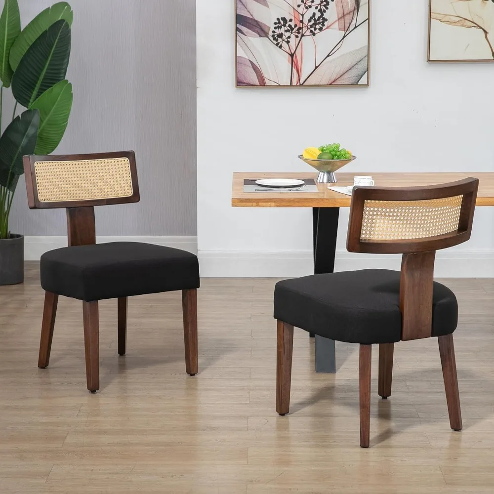 

Upholstered Rattan Dining Chairs Set of 2, Mid-Century Modern Fabric Dining Room Chairs with Brown Hardwood Frame