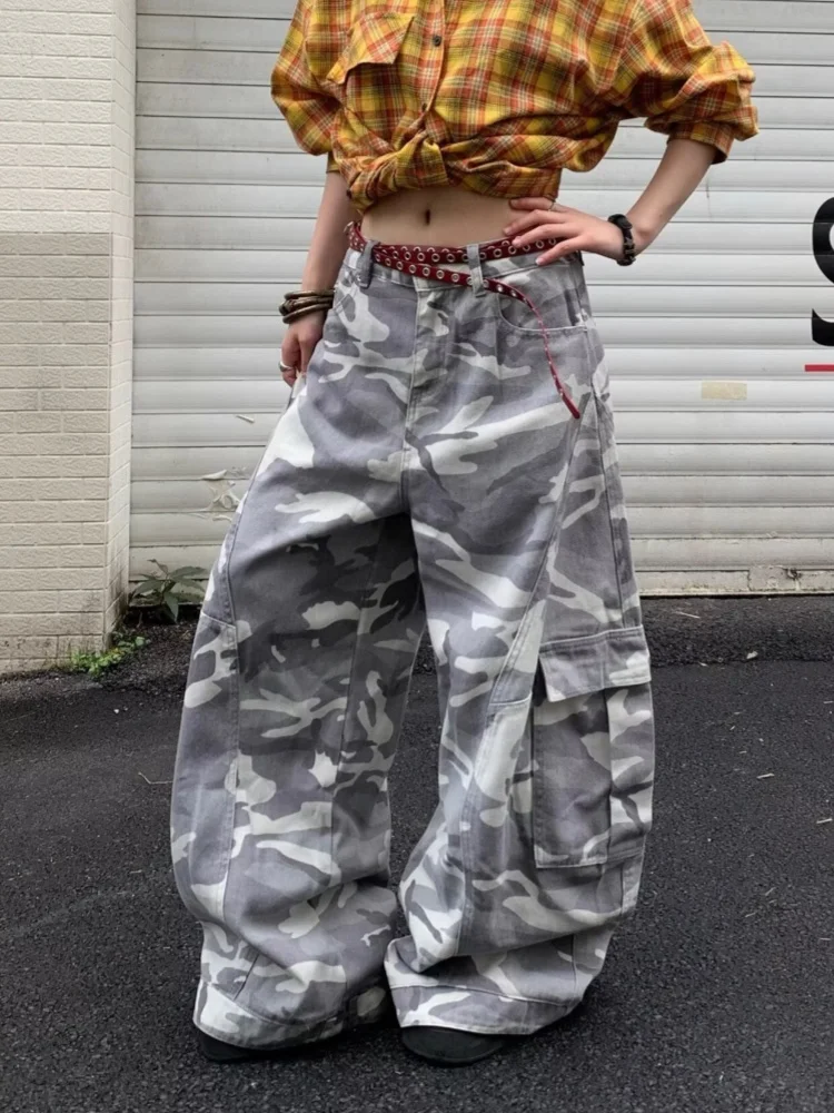 

2025 American Retro Y2K Fashion Camouflage Baggy Cargo Jeans Pants For Women Clothing Wide Leg Streetwear Cotton Lady Trousers