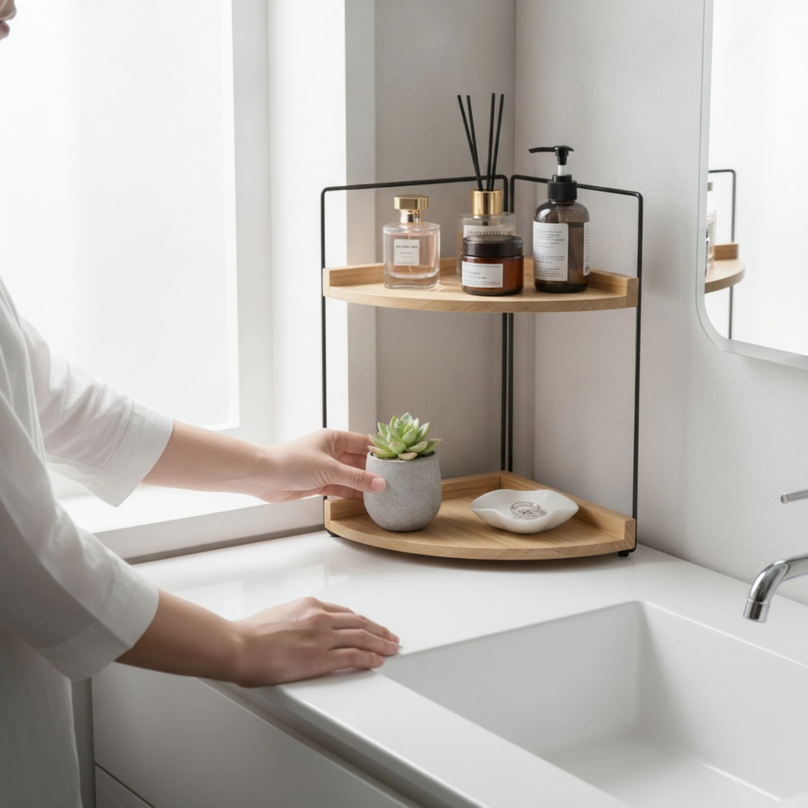 Two-Tier Corner Shelf Compact Corner Storage Shelf Multi-Purpose Open-Front for Countertop, Bathroom