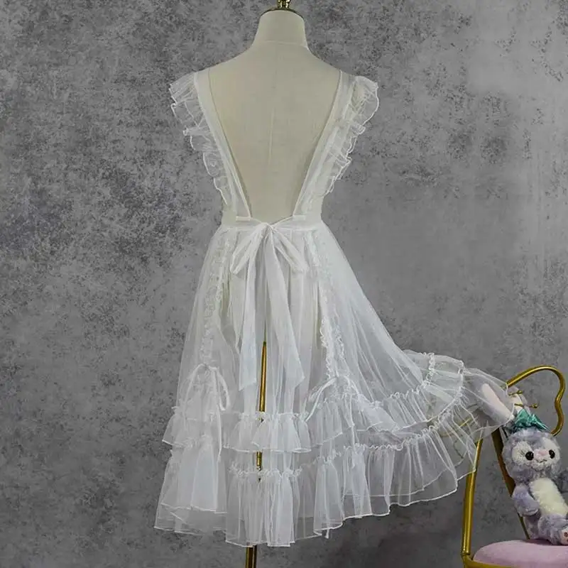 Japanse Kawaii Lolita Jsk Jurk Voor Vrouwen, Kant Mesh Ruche Strik, Mouwloze Sling Jurken, Prinses Feest Mini Jurk