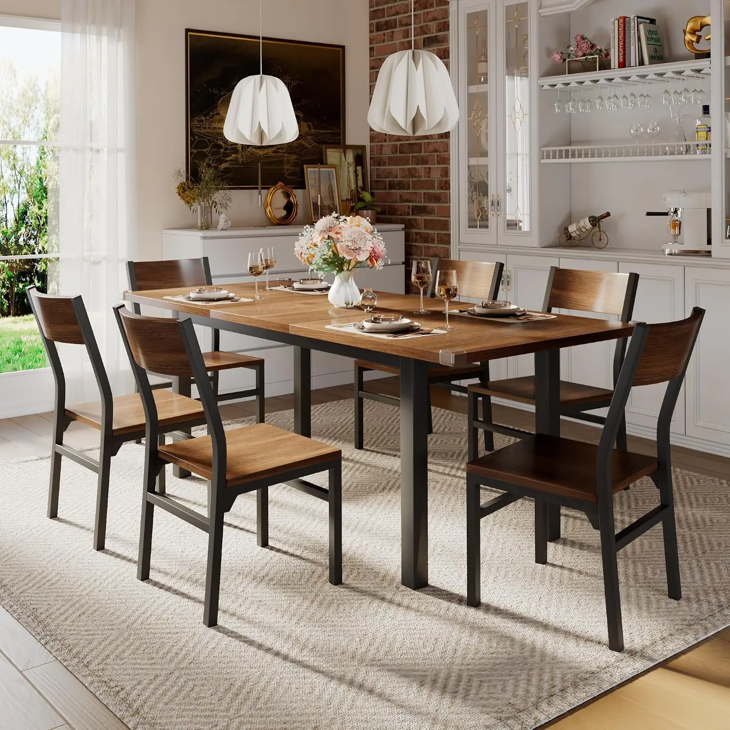 7-Piece Dining Table Set with 6 Chairs, 63" Extendable Kitchen Table & Chairs Set for 4-6, Dining RoomTable, Customized