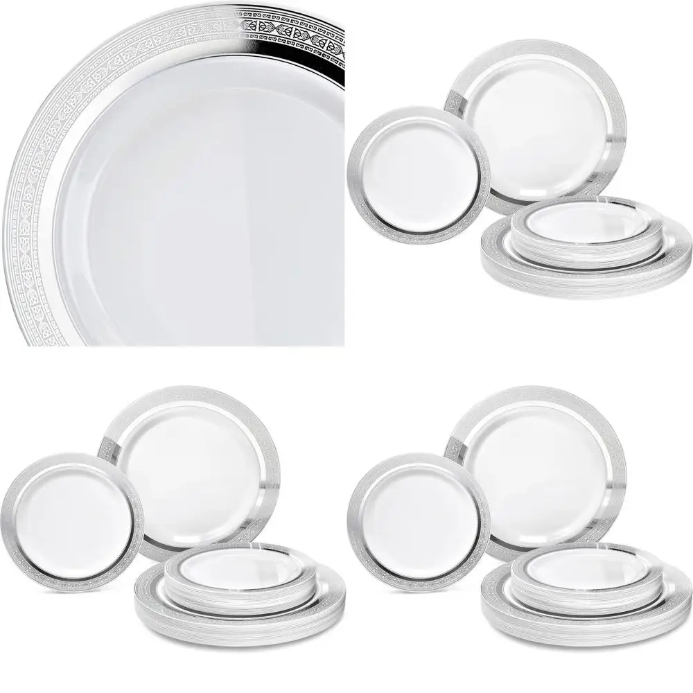 

Premium Heavyweight 240-Piece Wedding Party Plastic Plate Set - 120 Dinner & 120 Salad/Dessert Plates (White & Silver)