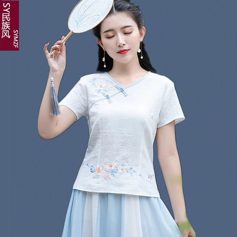 

Summer Vintage Temperament V-neck T-shirt Female Slim Show Thin Embroidery Improved Cheongsam Short Shirt Cotton Linen Top Woman