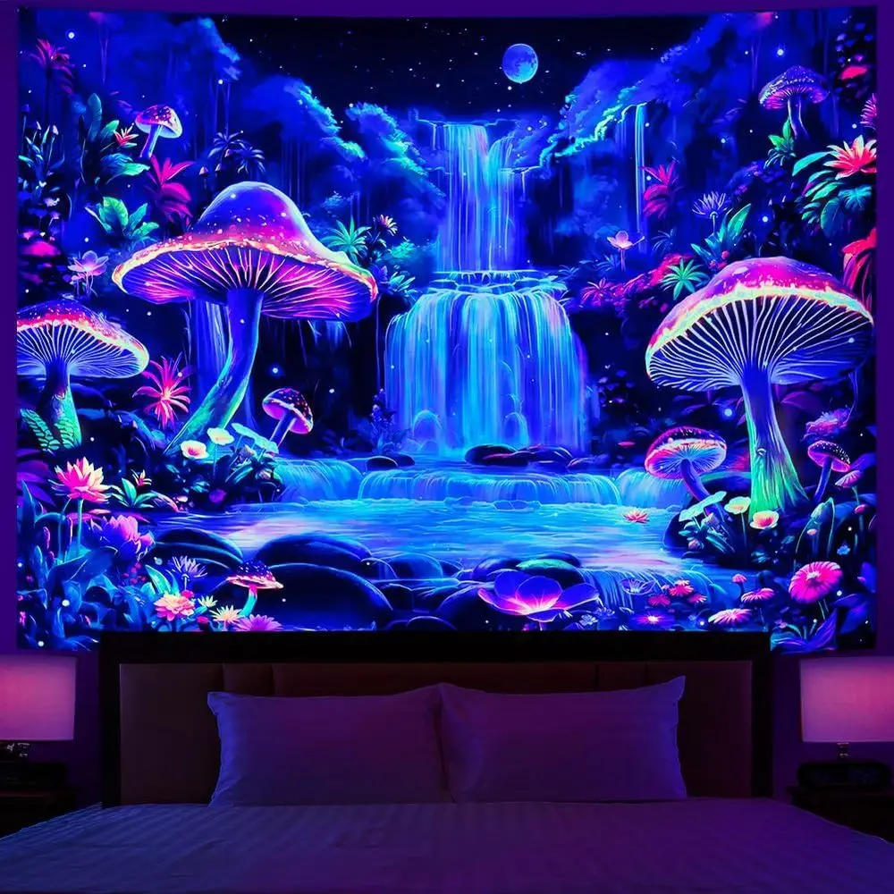 

Fantasy Mushroom Forest Tapestry with UV Reactive Waterfall and Neon Flowers, Moonlit Night Landscape Wall Art for Home Decor, 7
