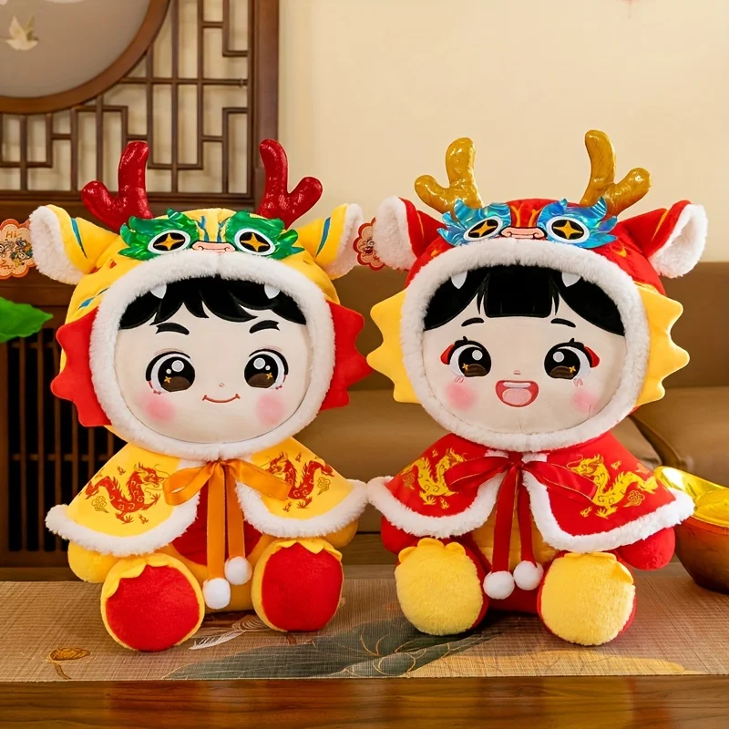 

2024 Chinese New Year Mascot Dragon Dolls Cartoon Cute Baby Dragons Plush Toy Red Traditional Gift For Kids Friends