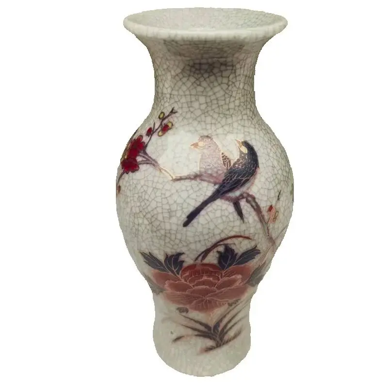 Traditional Chinese Crackled Glaze Porcelain Vase Pastel Flower & Bird Pattern Decorative Plum Vase for Home Artwork