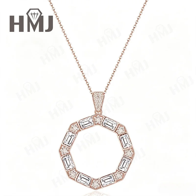925 Sterling Silber Halskette mit Baguette-Schliff Moissanit Oktagonaler Kreisanhänger Hohlkreiskette Schmuckgeschenk für Frauen Charms – Detail 7