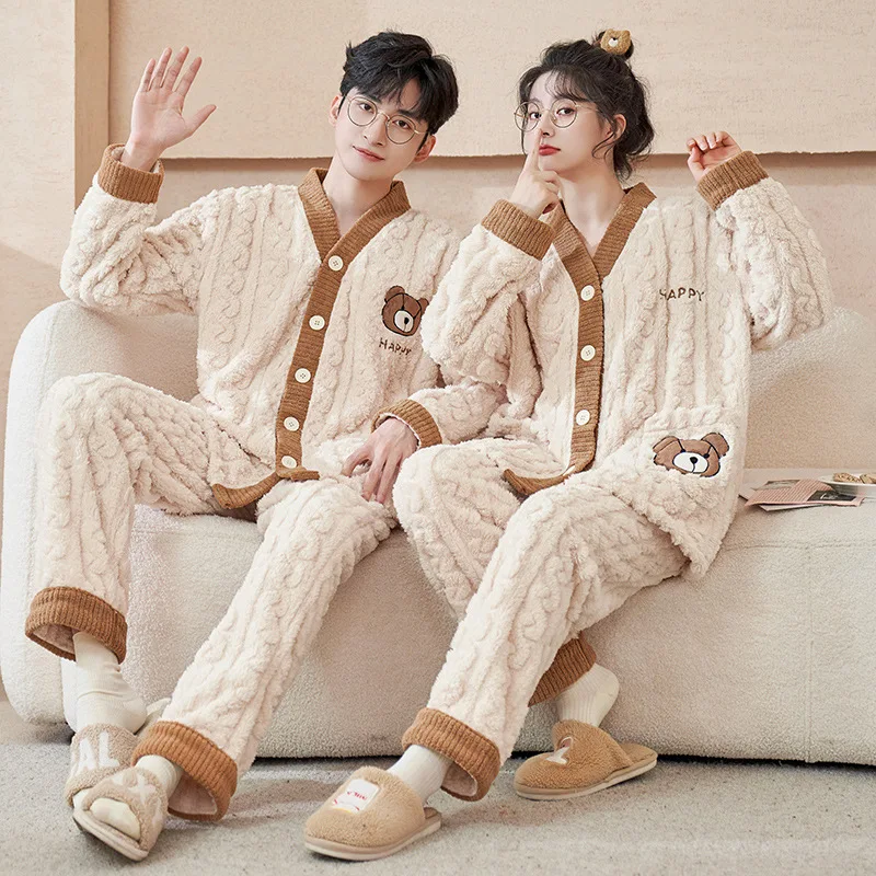 Coral Fleece Flannel Couples Sleepwear Long Sleeve Loose Fit Home Clothes Sweet Cute Polyester Fiber V-Neck Long Pants Set