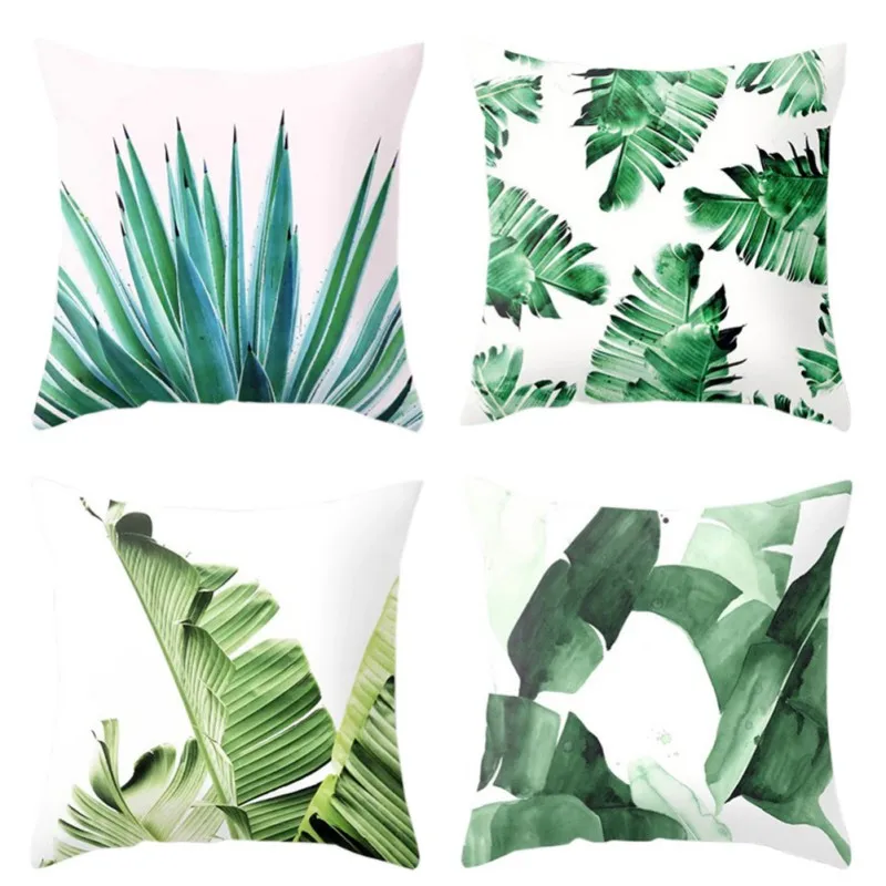 Spring Pillow Covers 18x18 Inch Set of 4 Green Wild Plant Leaves Throw Pillows Case Square Linen Farmhouse Decor Cushion Cover