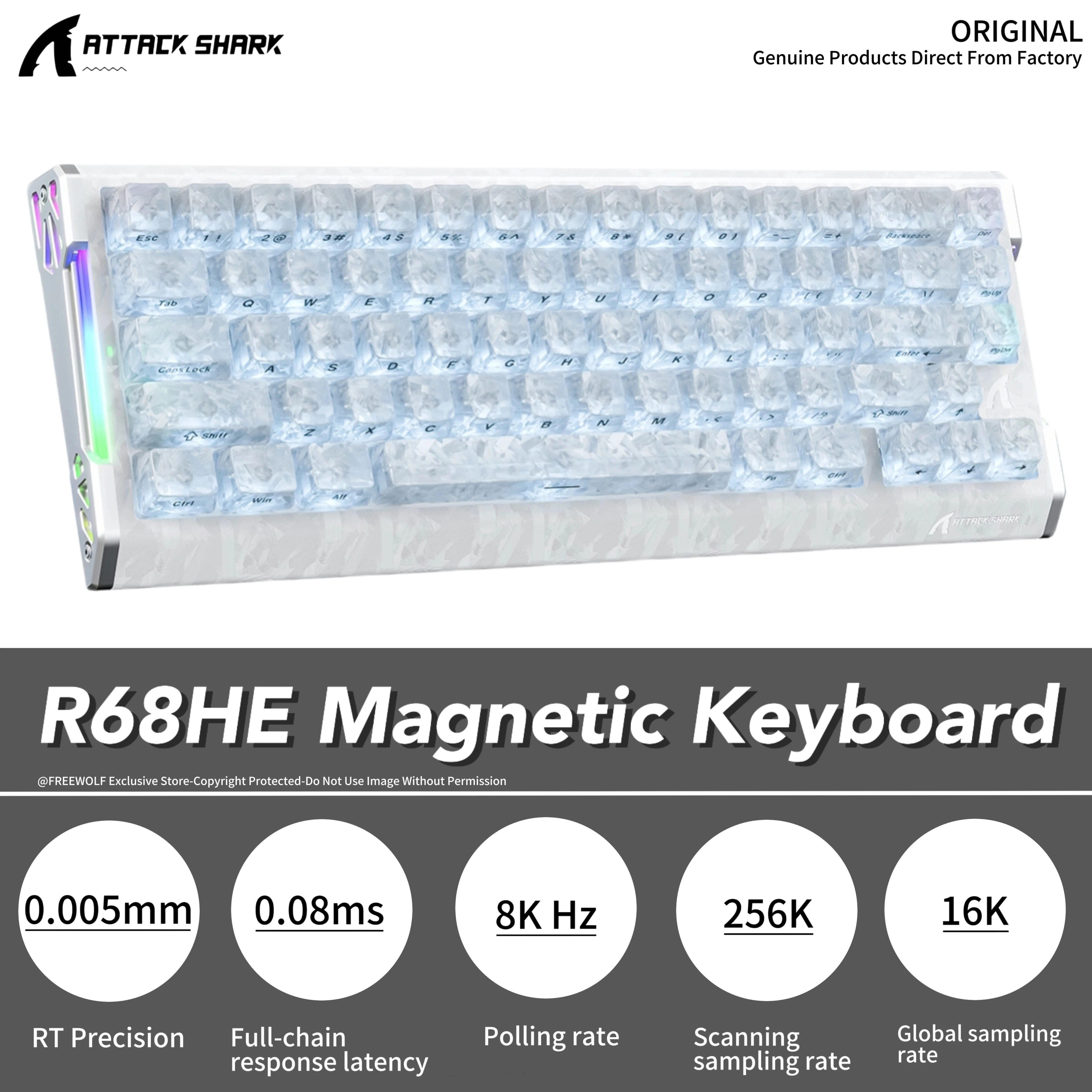 

R68HE Attack Shark Wired keyboard 0.005mm RT Precision,8K Hz RGB Carbon Fiber,ABS Transparent Side-Marked Keyboard