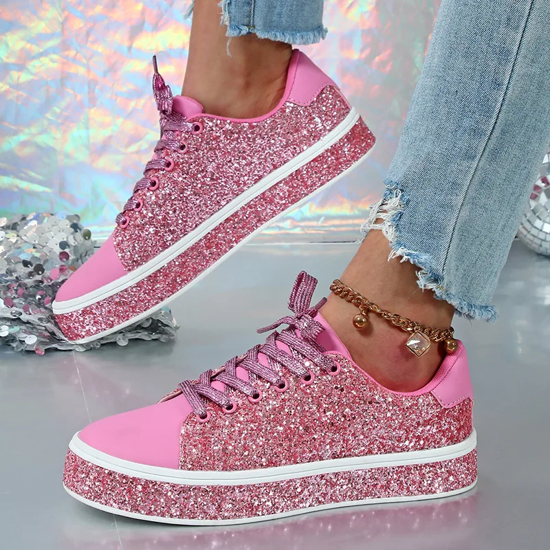 Spring Autumn Women Platform Casual Sneakers Versatile Fashion Designer Pink Luminous Sequin Fabric Campus Students Sports Shoes