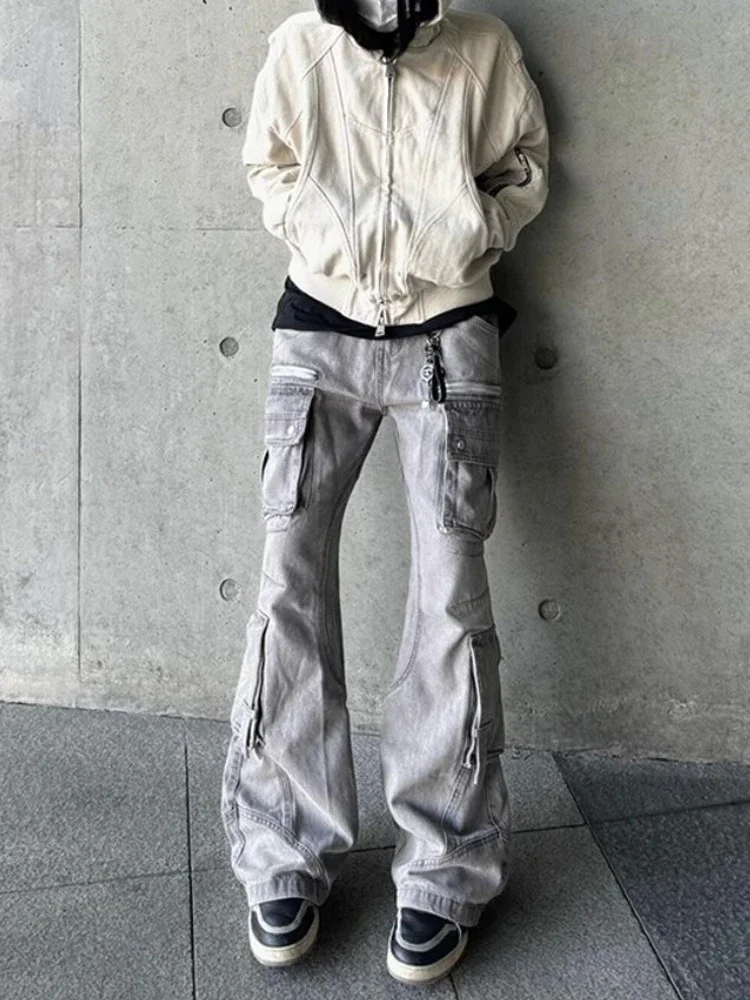 Korean Fashion Design Multi-pocket Cargo Pants Women Retro New Gray Straight Leg Denim Pants Trousers 2000s Streetwear E-Girl