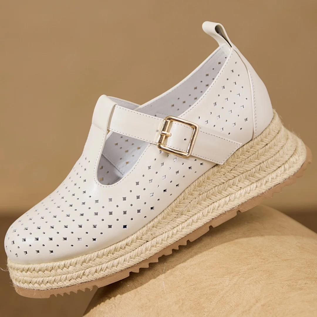 

Women's hollow-out cow leather hemp thick sole platform slip-on t-strap flats round toe high quality casual female moccasins hot