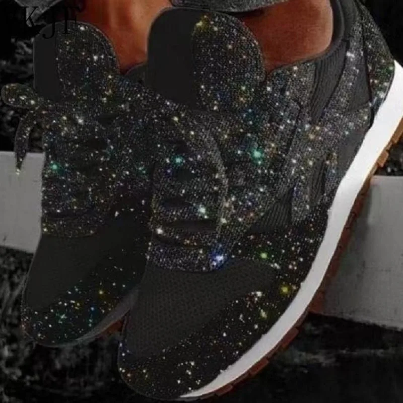 

Женские блестящие кроссовки на плоской подошве, повседневные женские сетчатые кроссовки на шнуровке с блестящей платформой, удобная вулканизированная обувь больших размеров, 2025 г., мягкая вязка